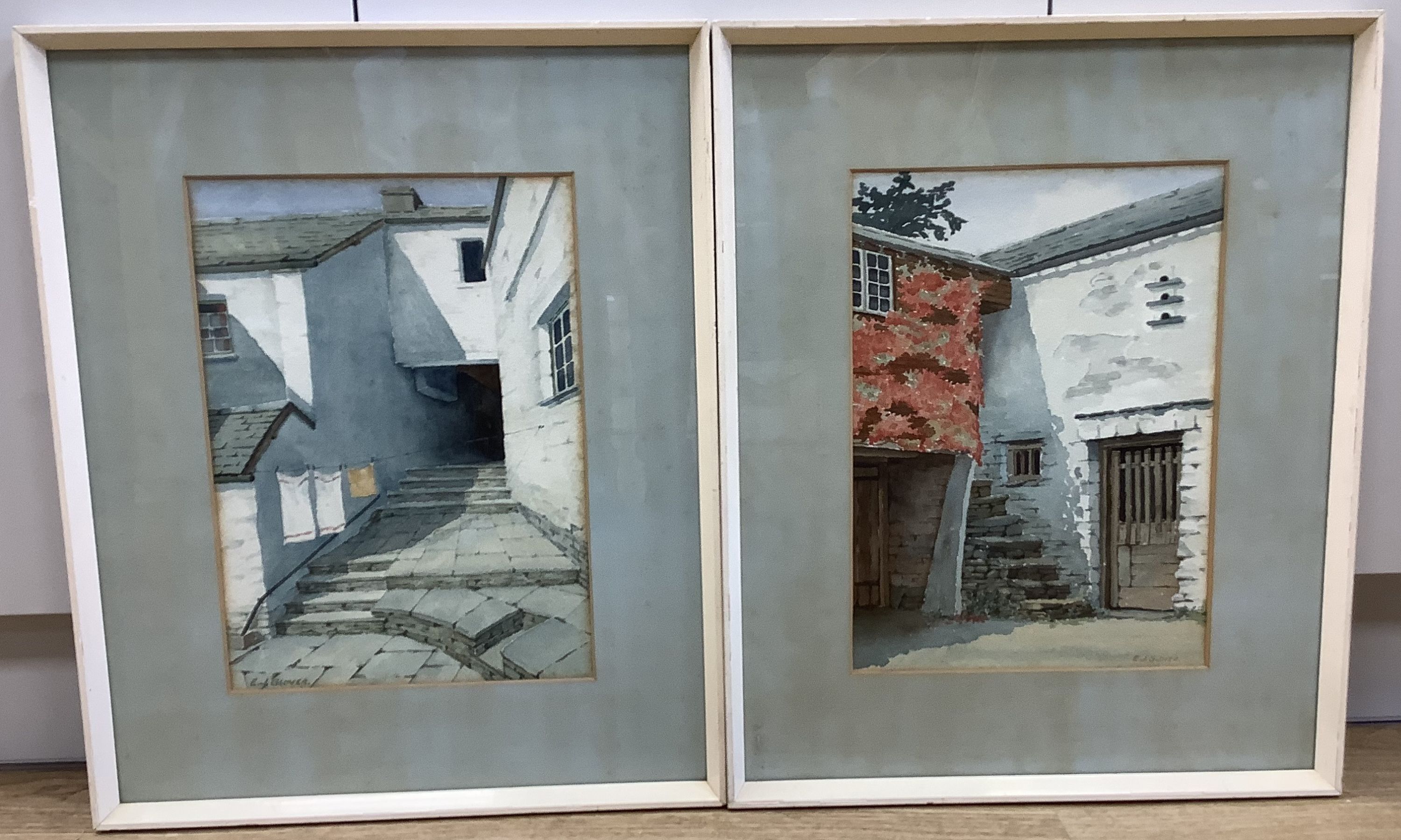 E. J. Glover, a pair of watercolours, 'Passage Steps, Elterwater' and 'Old Barn, Langdale', signed, 38 x 28cm